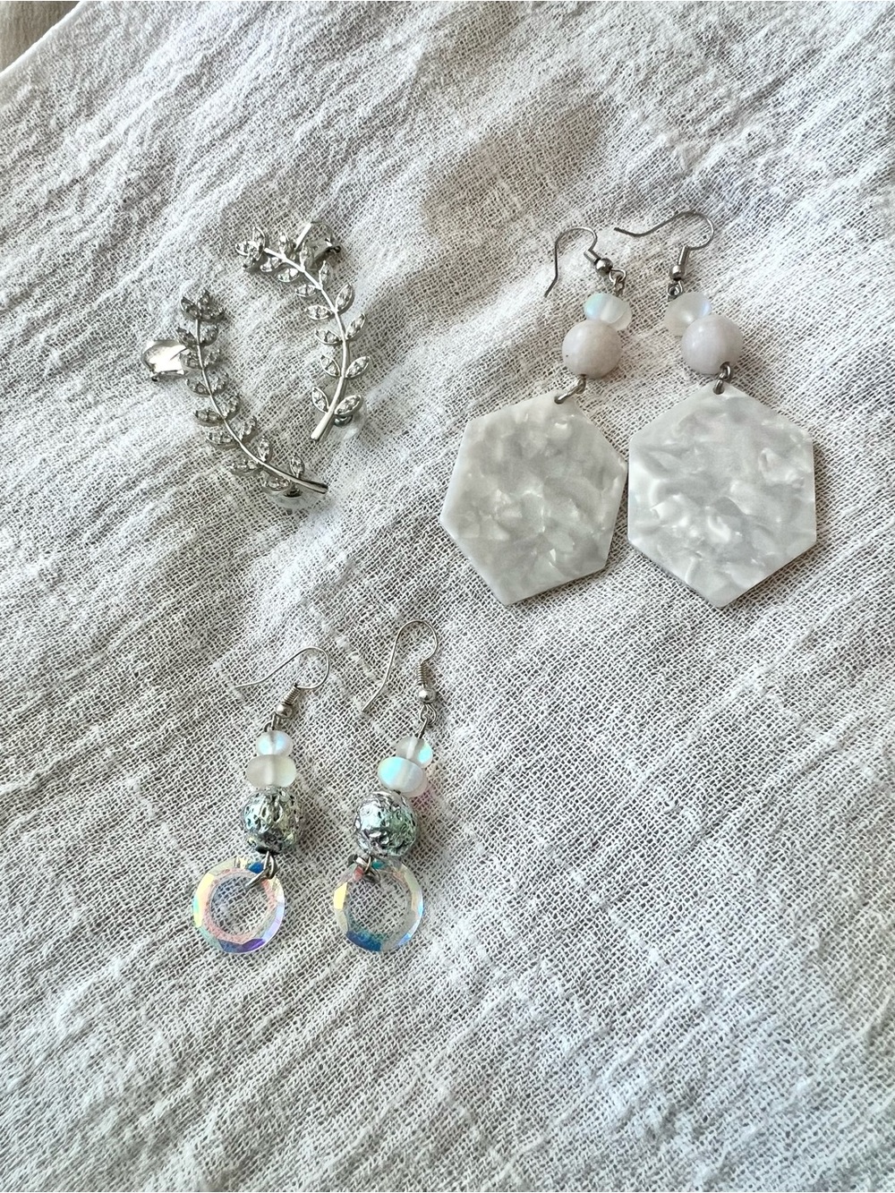 Silver Leaf Ear Cuff and White Marble Hexagon Earrings Set of Three